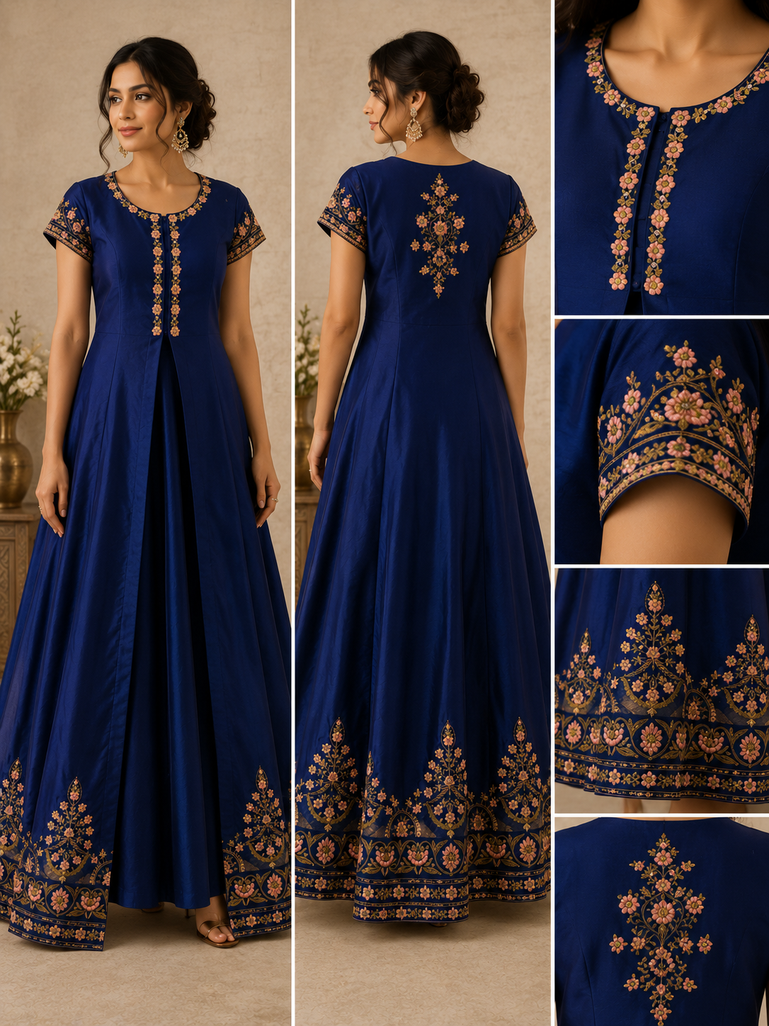Royal Blue Hand Embroidered Jacket Style Anarkali Gown. - Image 2