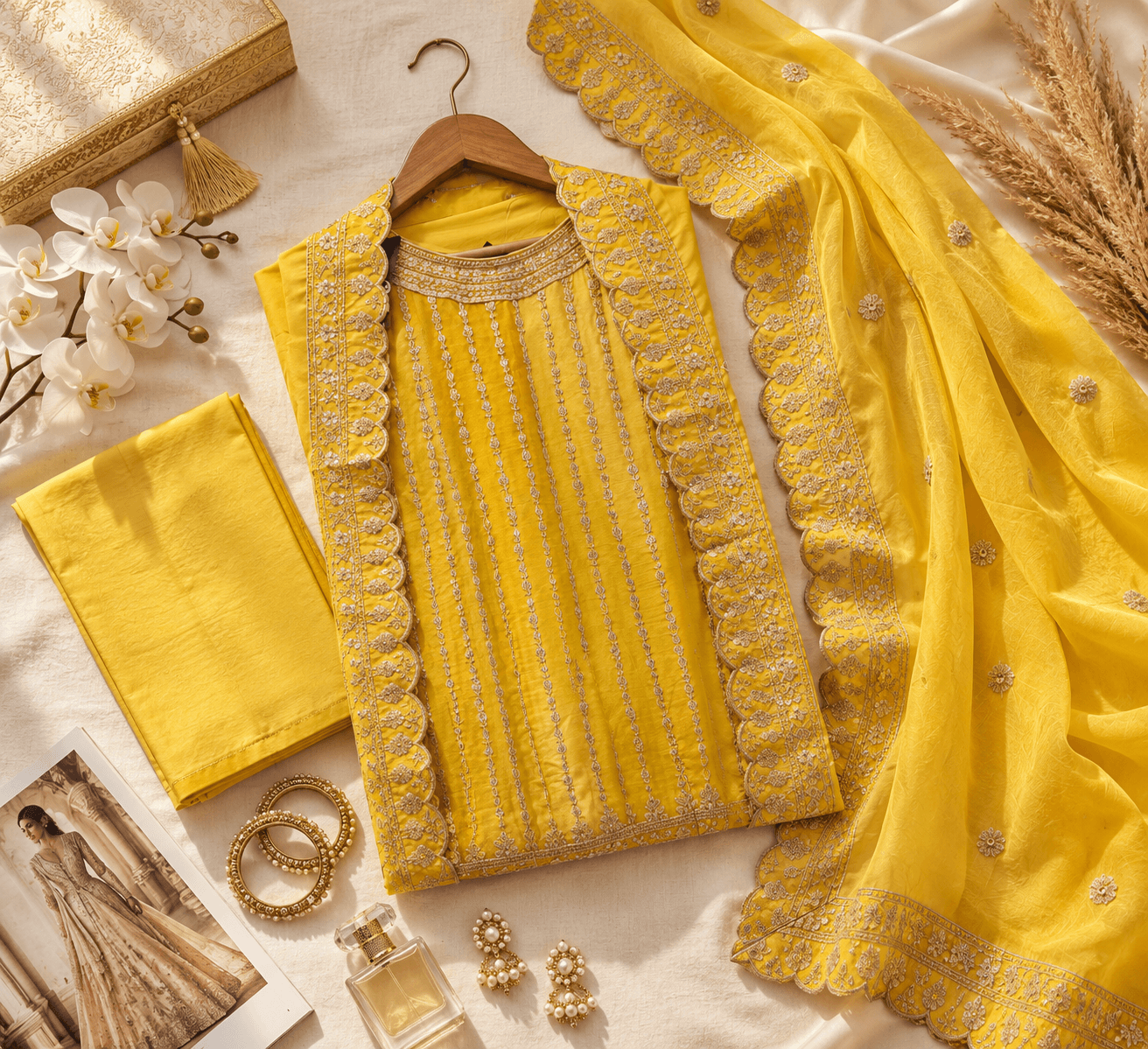 Sunshine Yellow Handcrafted Embroidered Suit Set - Image 2