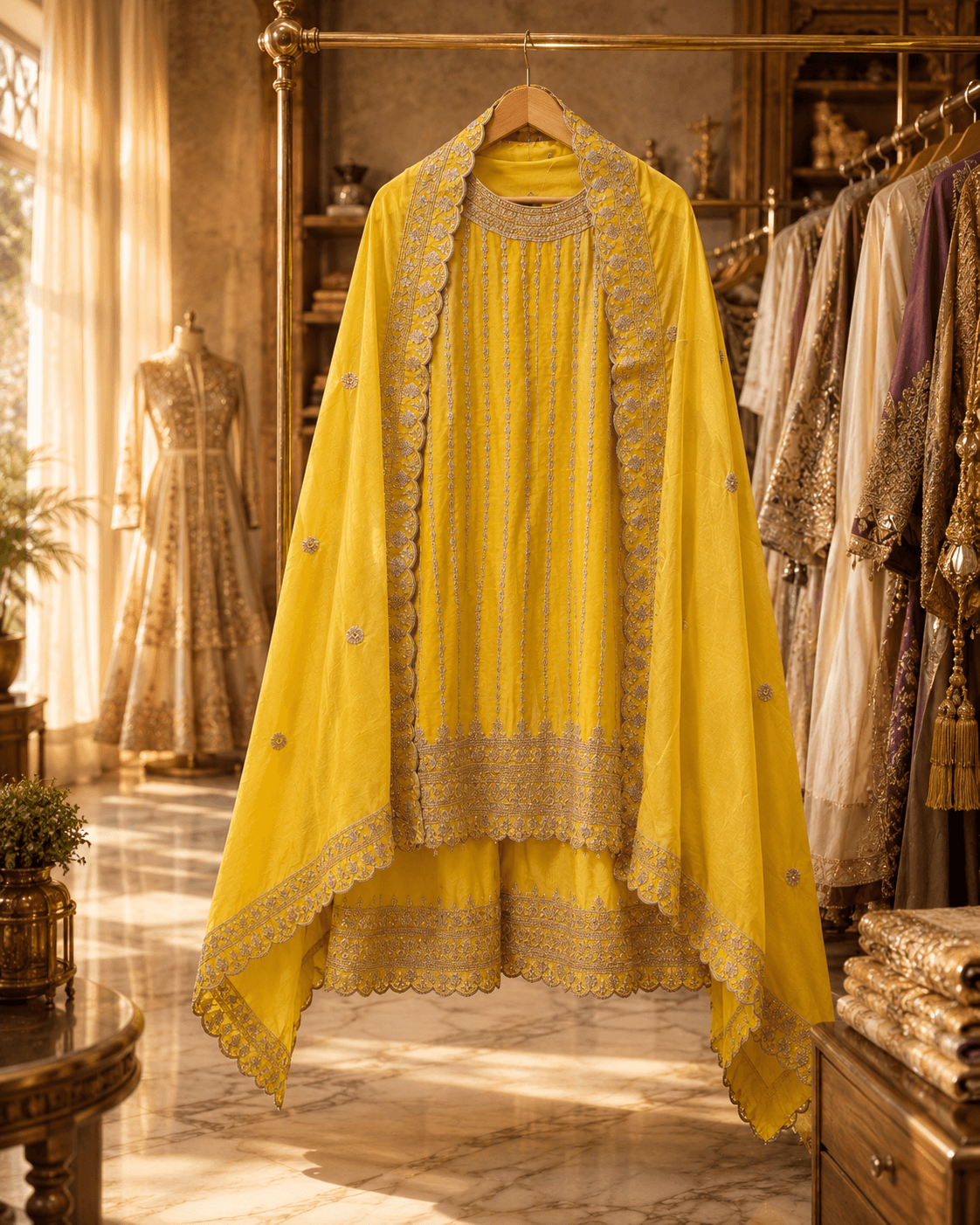 Sunshine Yellow Handcrafted Embroidered Suit Set - Image 3