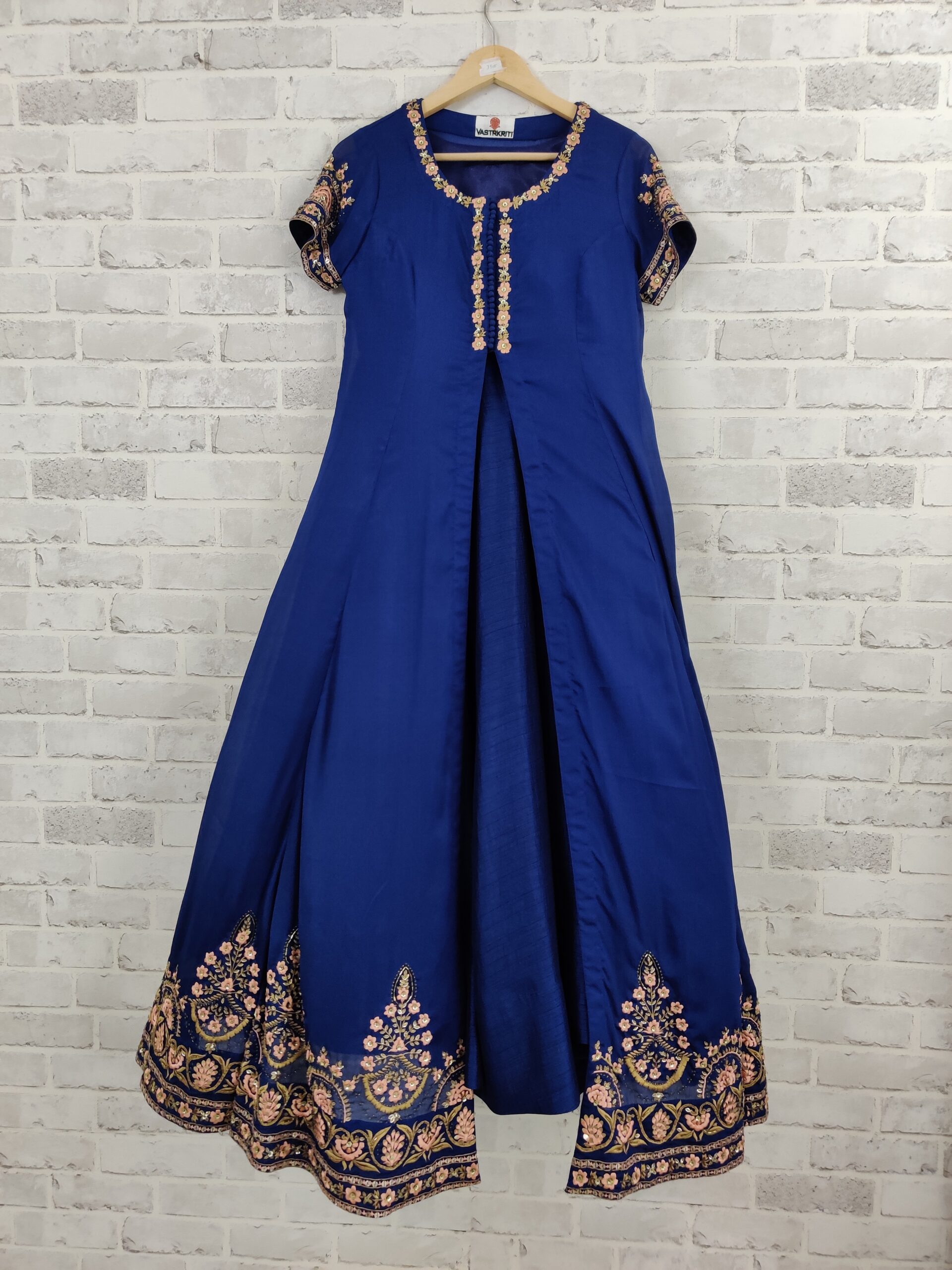 Royal Blue Hand Embroidered Jacket Style Anarkali Gown.