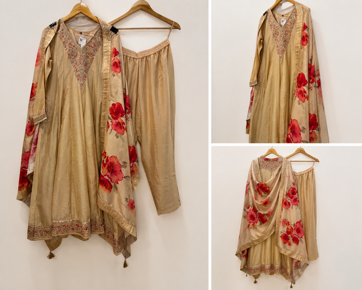 Champagne Gold Floral Embroidered 3-Piece Suit Set - Image 3