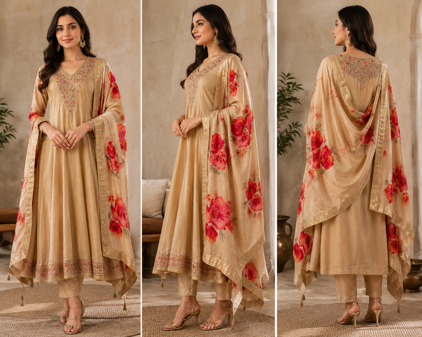 Champagne Gold Floral Embroidered 3-Piece Suit Set - Image 2