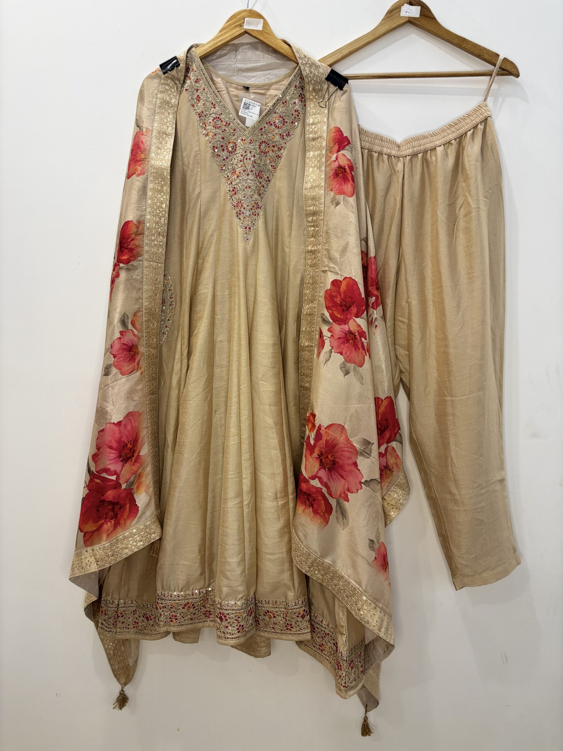 Champagne Gold Floral Embroidered 3-Piece Suit Set