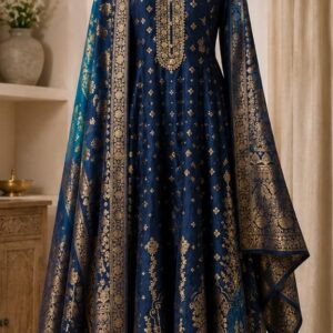 A Royal Navy-blue Banarasi brocade suit set