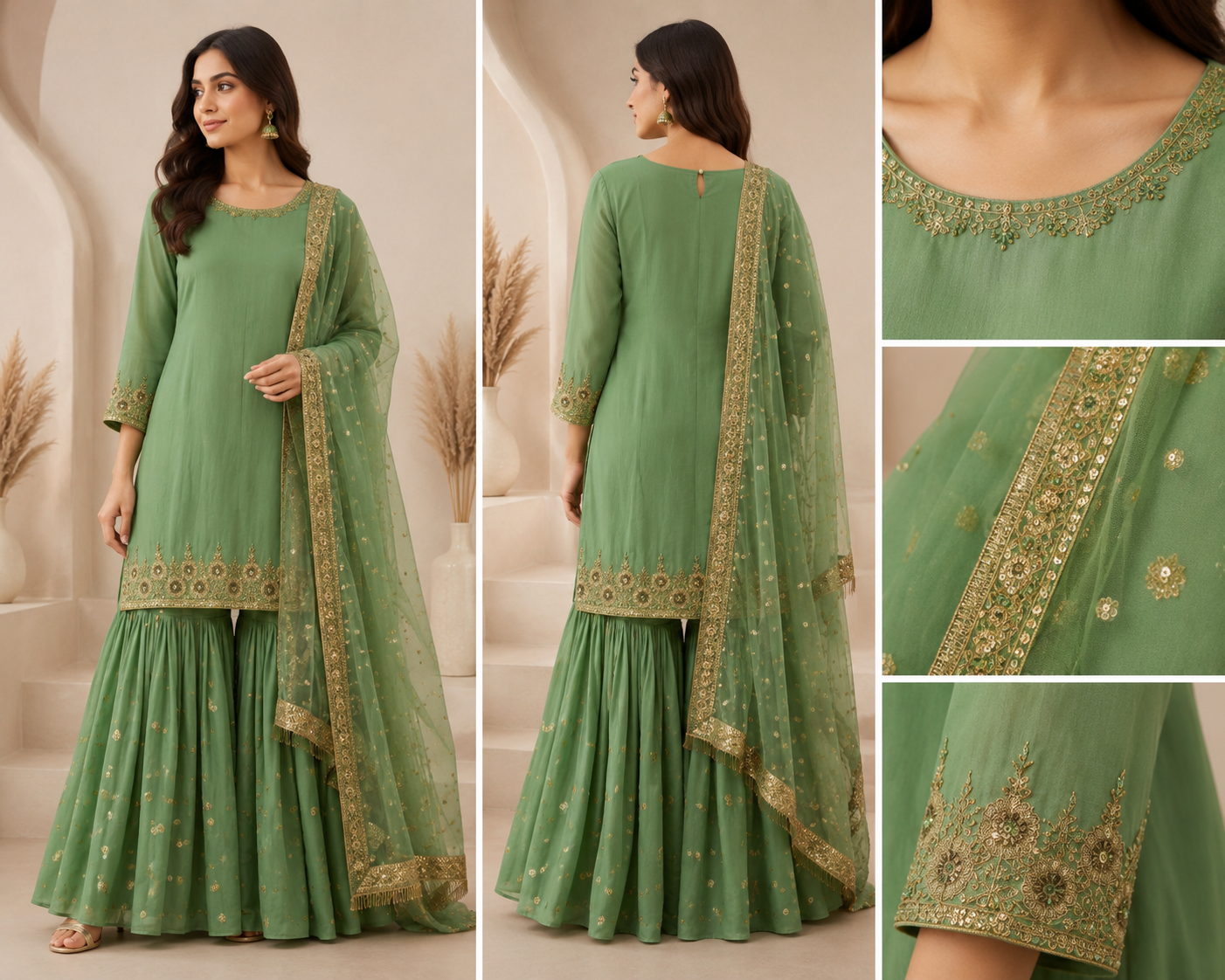 Mehreen Hand-Embroidered Pure Chinon Sharara Set - Image 4