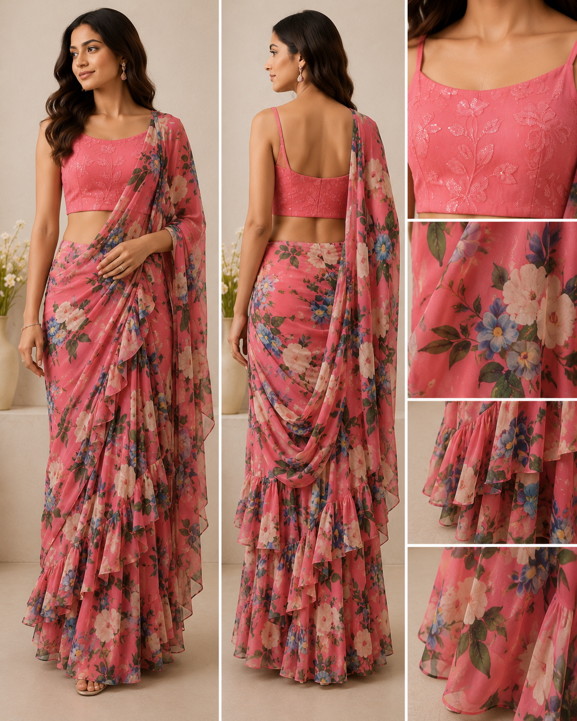 Pink Floral 3-Tier Georgette Printed Saree - Image 2