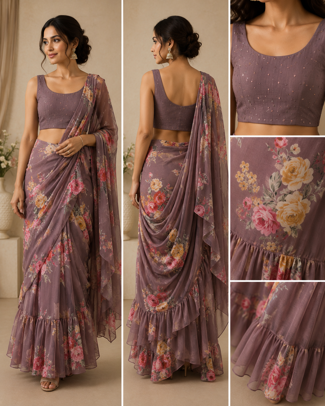 Mauve Floral Pre-Draped Flare Saree with Sequin Blouse - Image 2