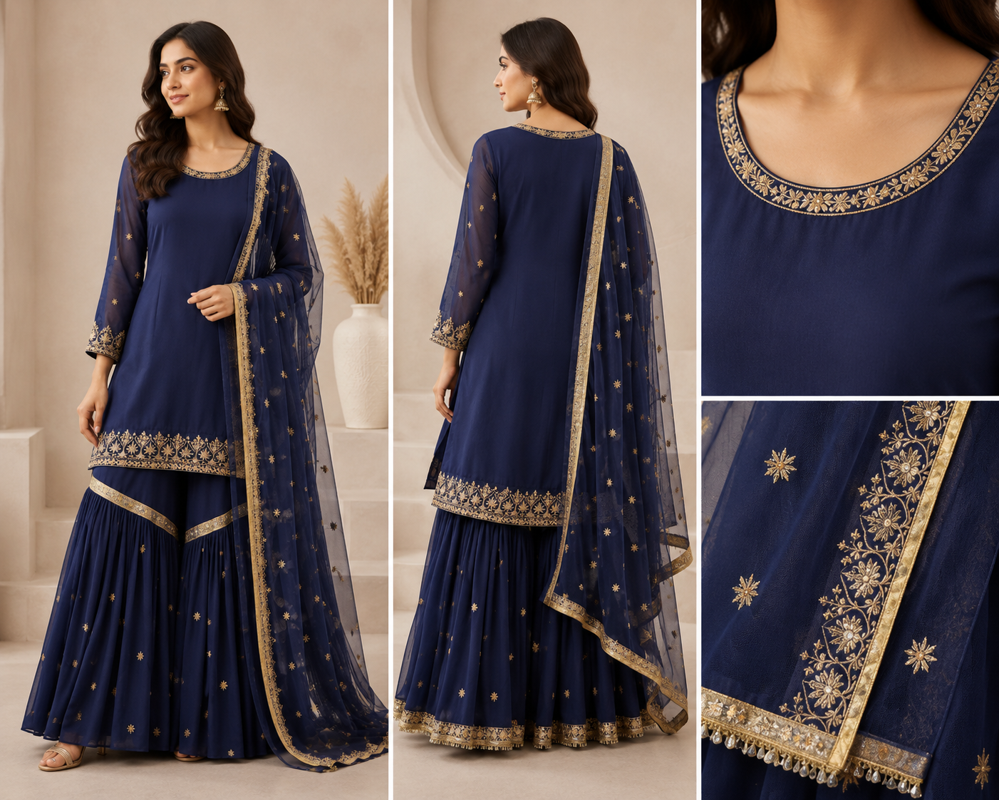 Noor Navy Blue Embroidered Georgette Sharara Set - Image 2