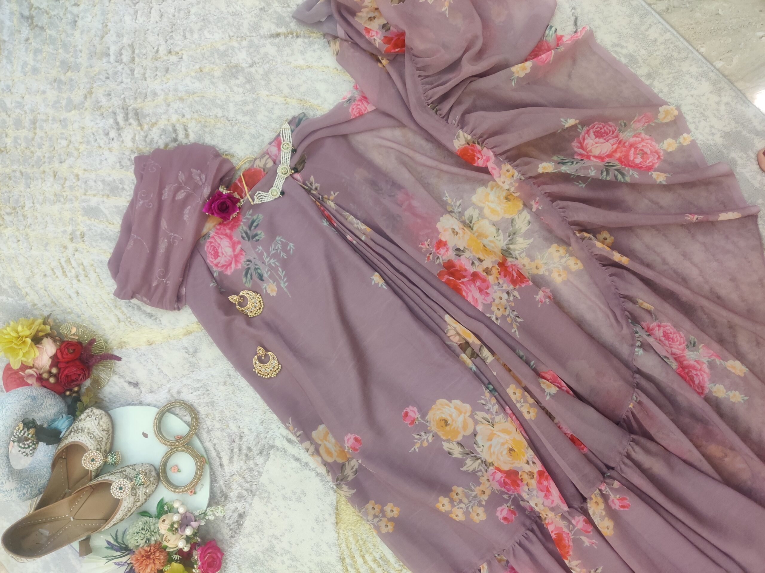 Mauve Floral Pre-Draped Flare Saree with Sequin Blouse