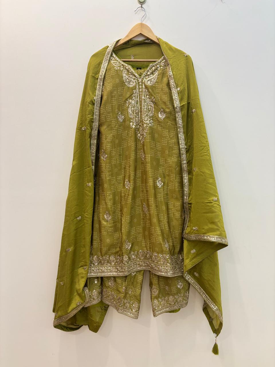 Premium olive-green festive 3-piece suit set